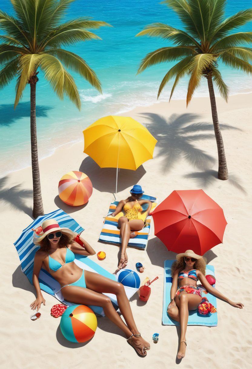 A stylish beach scene featuring a diverse group of fashionable individuals in trendy swimwear, lounging under colorful umbrellas, accessorized with chic sunglasses and sun hats. The setting includes a vibrant ocean backdrop with palm trees swaying, and playful beachballs scattered around. Emphasize bright, summery colors and a lively atmosphere to evoke a sense of fun and fashion. super-realistic. vibrant colors. 3D.